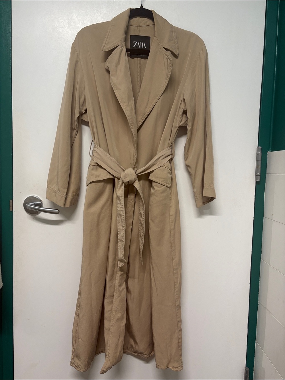 Zara Beige Long Sleeve Trench Dress with Self-Tie Waist